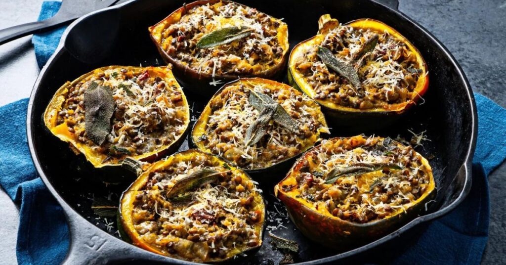 Stuffed Acorn Squash With Garlic Beans And Greens