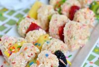 Colorful Funfetti Krispies Treat Fruit Skewers
