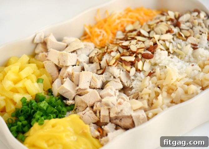 Ingredients for Hawaiian Chicken and Rice Casserole laid out on a table: pineapple, chicken, almonds, water chestnuts, green onions, and rice.