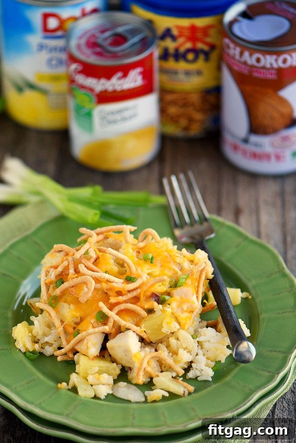 A close-up shot of the Hawaiian Chicken and Rice Casserole baking in a dish, showing its delicious texture.