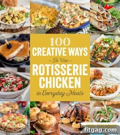 Cookbook cover for '100 Creative Ways to Use Rotisserie Chicken in Everyday Meals'.
