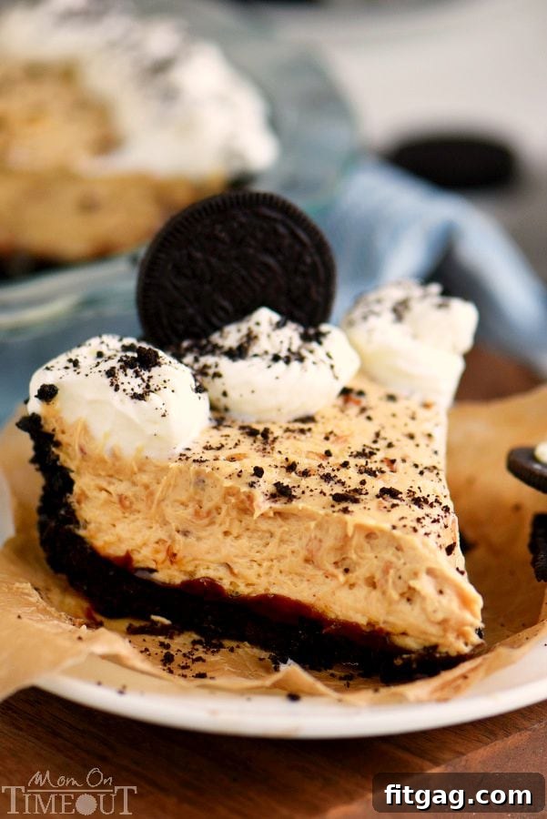 A beautifully plated slice of No Bake Peanut Butter Cheesecake Pie, showcasing its layers and delicious texture.