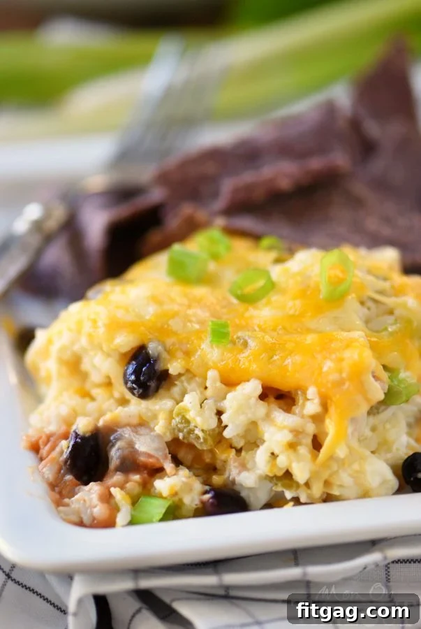 Fiesta Chicken and Rice Bake 5 A vibrant collage featuring the finished Mexican Chicken and Rice Casserole, alongside its key ingredients like beans, rice, and cheese. It emphasizes the classic Mexican flavors and ease of preparation for a busy weeknight.