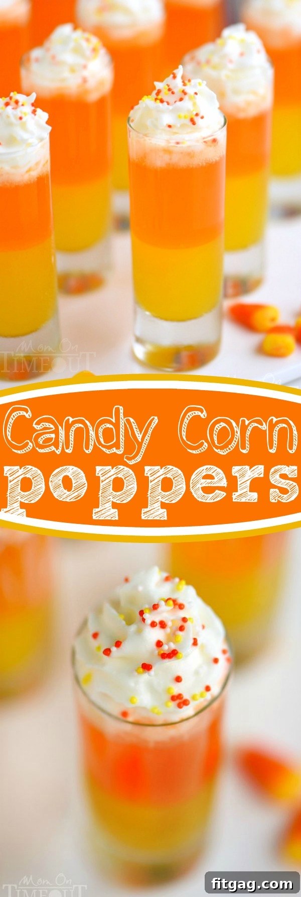 Tall, elegant Candy Corn Poppers complete with whipped cream, sprinkles, and a decorative straw, ready for serving at a sophisticated event.