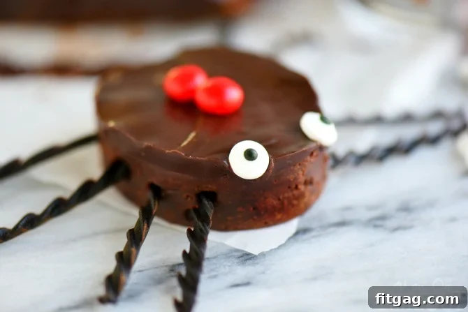 Black Widow's Midnight Fudge Bites 6 Spider-shaped brownies adorned with candy eyes and licorice legs, ready for a Halloween celebration.