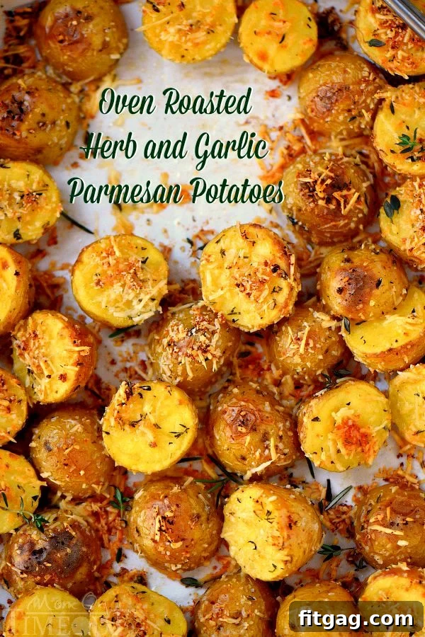 Crispy oven roasted potatoes with herbs and garlic, sprinkled with Parmesan cheese
