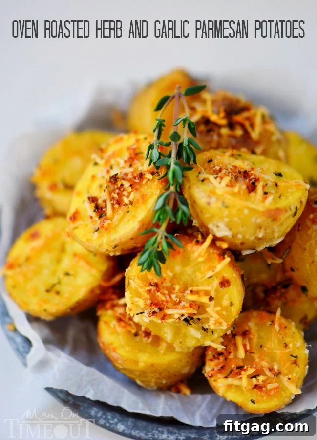 Platter of freshly roasted herb and garlic Parmesan potatoes