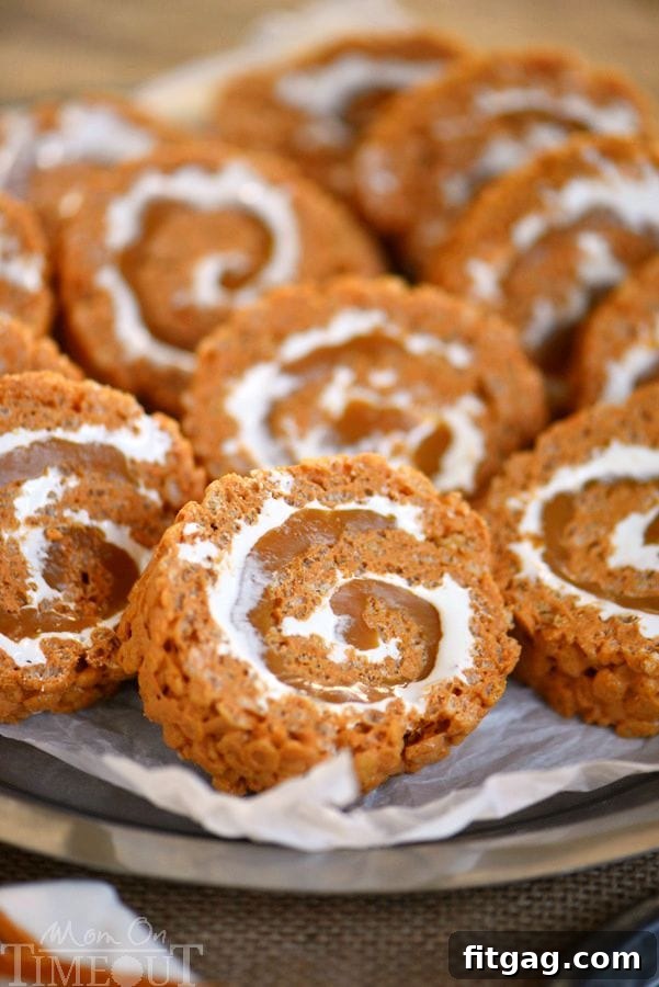 Caramel Pumpkin Spice Rice Krispies Treats Pinwheels - an autumn delight that's easy to make and perfect for bake sales, while highlighting the importance of fighting hunger.