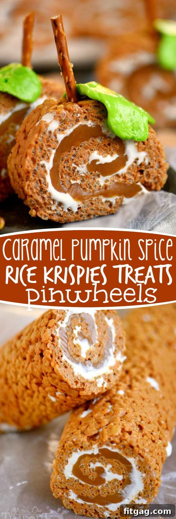 A collage of Caramel Pumpkin Spice Rice Krispies Treats Pinwheels, perfect for any fall celebration or bake sale.