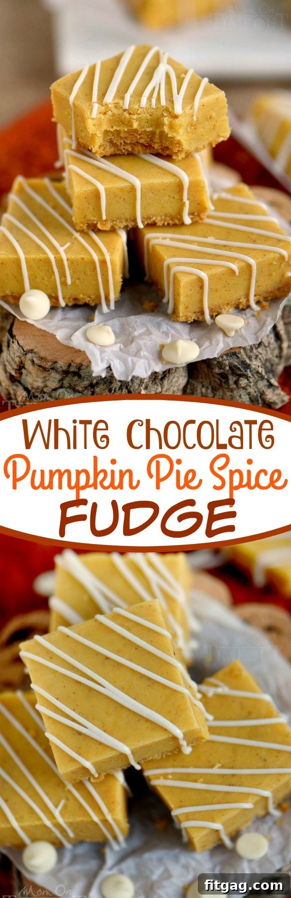 A stunning overhead shot of White Chocolate Pumpkin Pie Spice Fudge squares, some topped with extra white chocolate chips and a delicate drizzle.