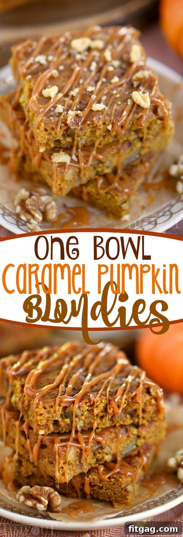 A top-down view of a tray of warm, golden Caramel Pumpkin Blondies, ready to be served and enjoyed.