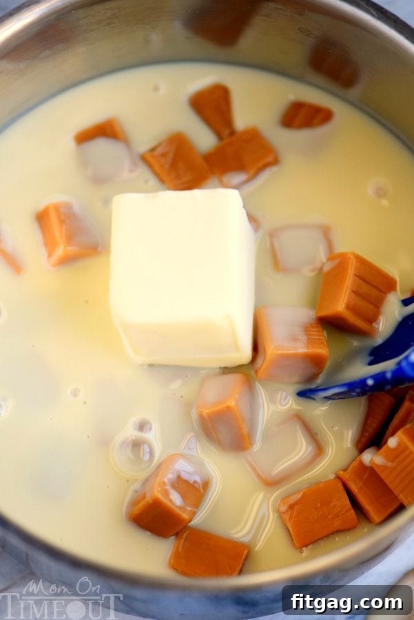 A simple array of ingredients for Pumpkin Spice Caramel Apple Dip, including Kraft Caramels, butter, sweetened condensed milk, and pumpkin pie spice.
