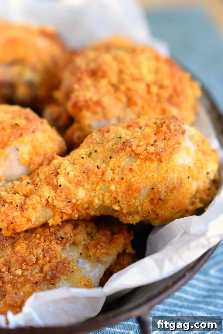 Oven fried chicken legs and thighs piled high on a plate, showcasing a golden, crispy crust and promising a juicy interior. Ideal for a family-friendly, quick dinner.