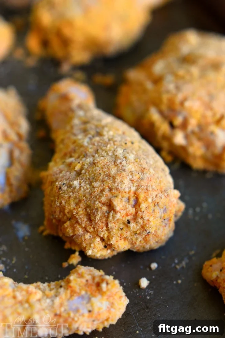 Chicken pieces meticulously breaded and seasoned, arranged on a baking sheet, showcasing their readiness for the oven. This image highlights the crispy coating before baking.