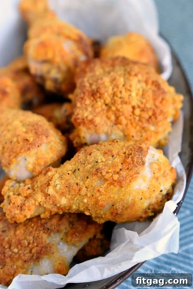 Up-close view of perfectly crispy and seasoned oven-fried chicken