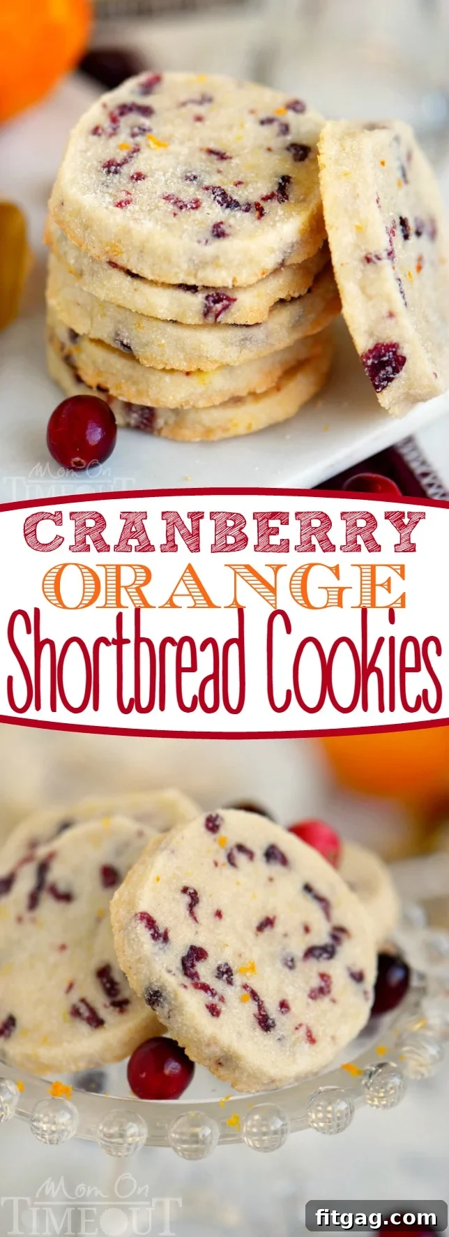 A collage of Cranberry Orange Shortbread Cookie images: raw dough, baked cookies, and festive presentation.