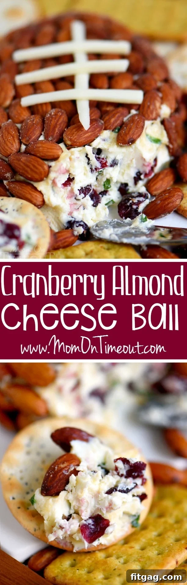 A tall, eye-level shot of the Cranberry Almond Cheese Ball, highlighting its generous coating of almonds and the festive presentation.