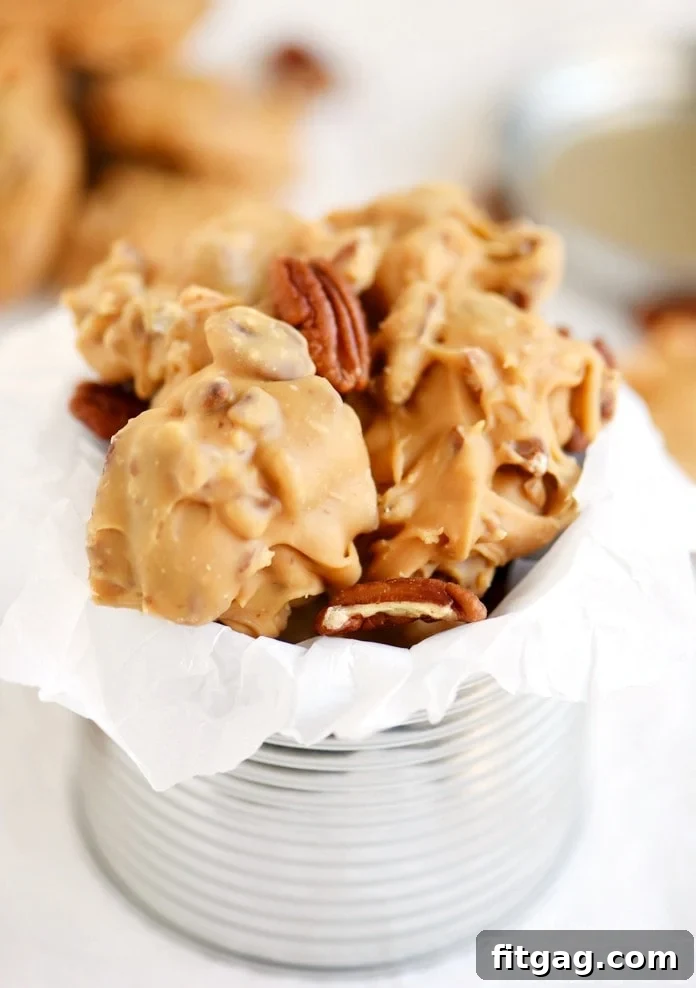 A delicious mound of Buttermilk Pecan Pralines, showcasing the chunky pecan pieces.
