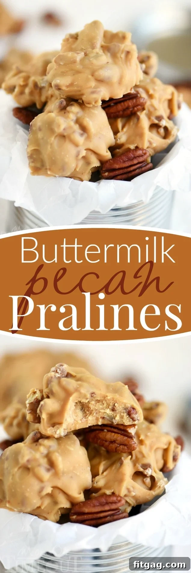 A collage of Buttermilk Pecan Praline images, showing various stages of preparation and the final product.