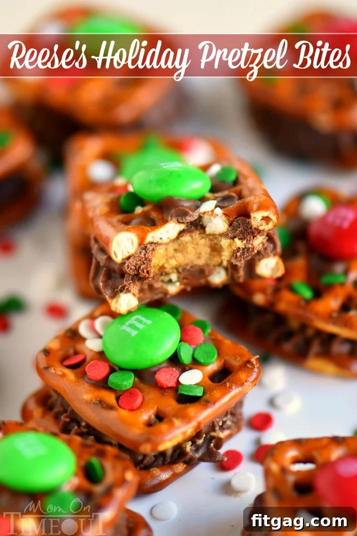 Delicious Reese's Holiday Pretzel Bites, a sweet and salty holiday treat, garnished with colorful M&Ms and sprinkles on a festive platter.
