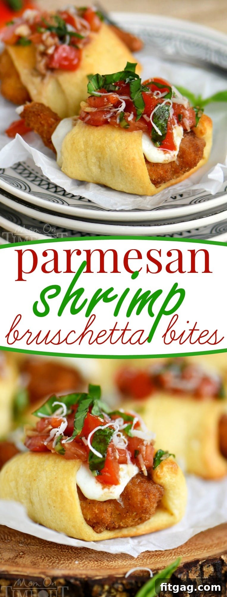 Parmesan Shrimp Crostini 6 A tall, narrow image showing a platter of Parmesan Shrimp Bruschetta Bites with an inviting, colorful presentation, perfect for a party table.