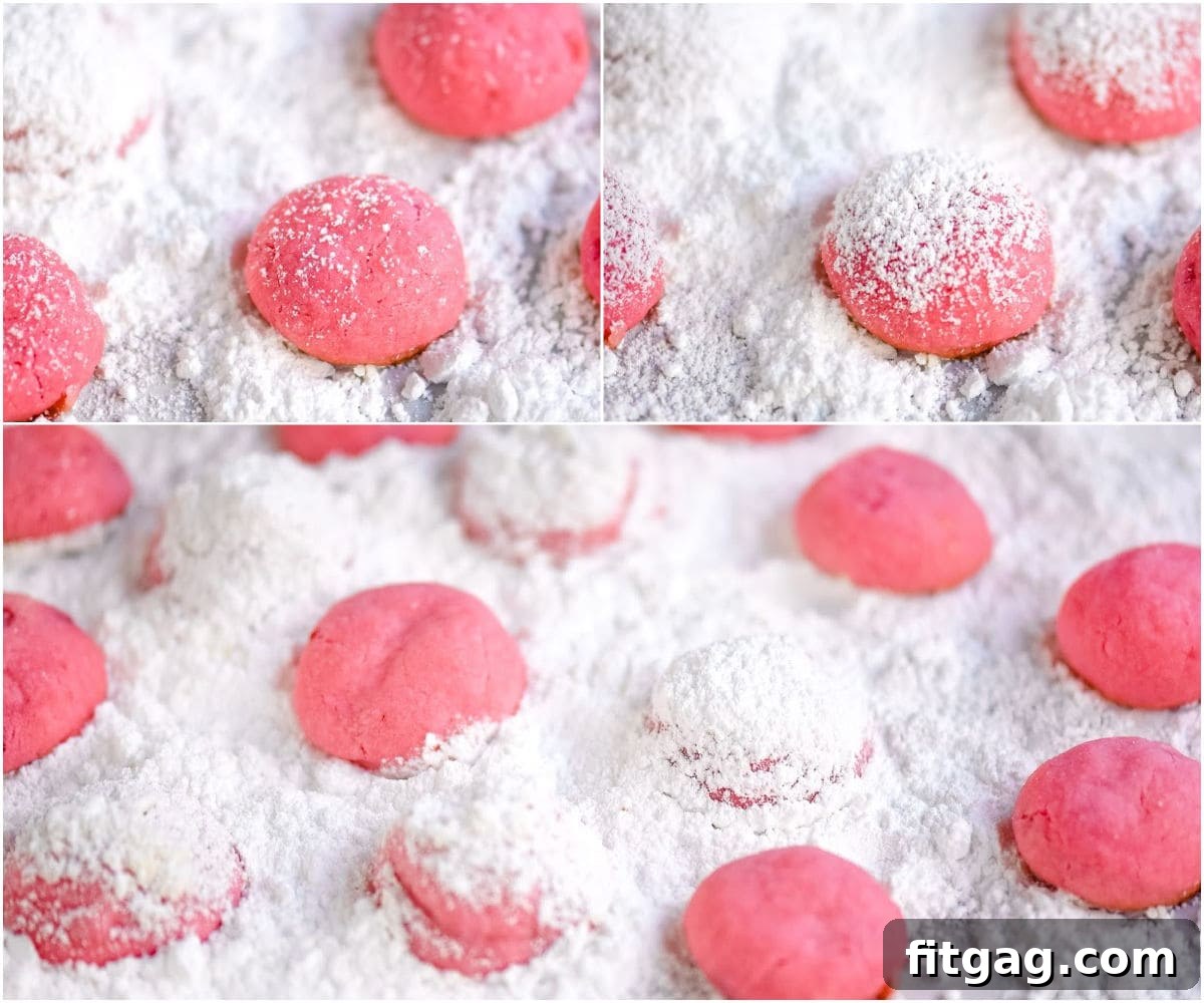 snowball cookies in a three image collage showing how to roll in powdered sugar