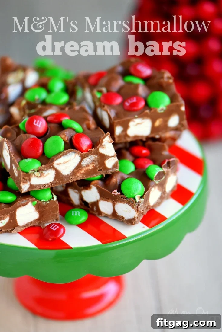 MMs Marshmallow Fantasy Bars 2 A vibrant close-up of M&M's Marshmallow Dream Bars, showcasing their colorful M&M topping and gooey, chocolatey layers.