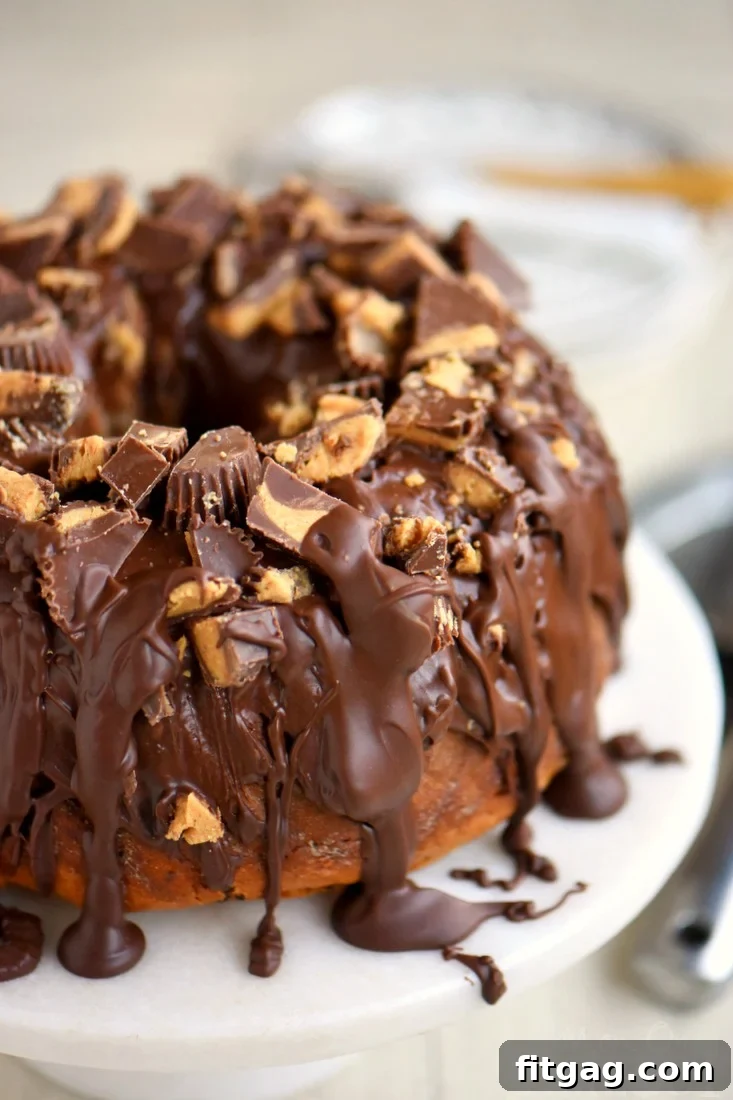 Whole Reese's Peanut Butter Chocolate Chip Pound Cake ready to be served