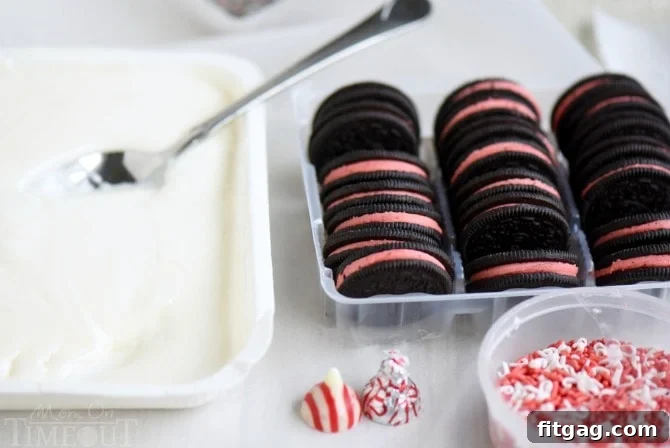 A person dipping a Peppermint Oreo into melted white chocolate using a specialized dipping tool.