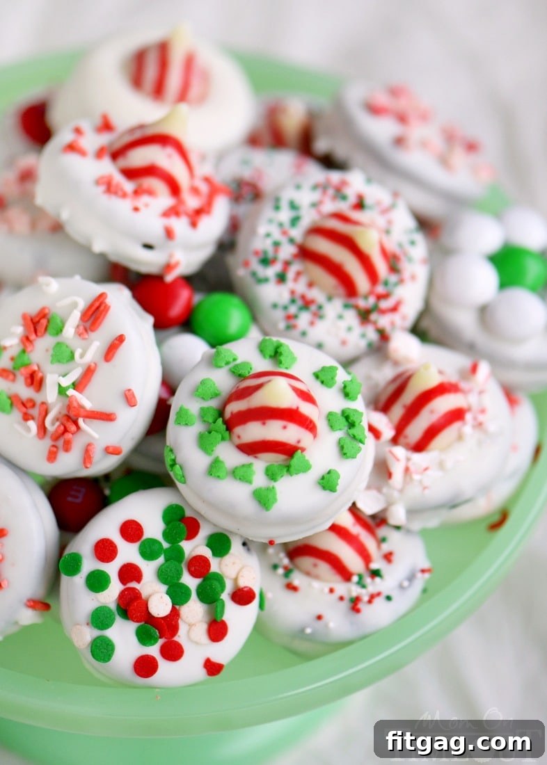 A stunning stack of Holiday Dipped Oreos ready for serving or gifting during Christmas.