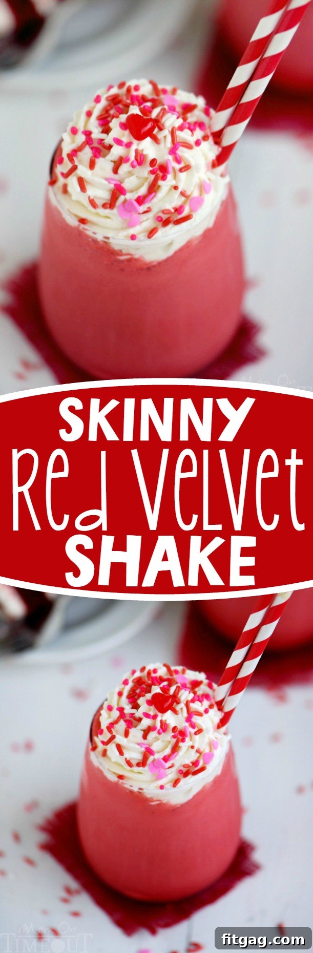 Delicious Skinny Red Velvet Shake topped with creamy whipped cream and sprinkles, served in a tall glass, perfect for a healthier treat.