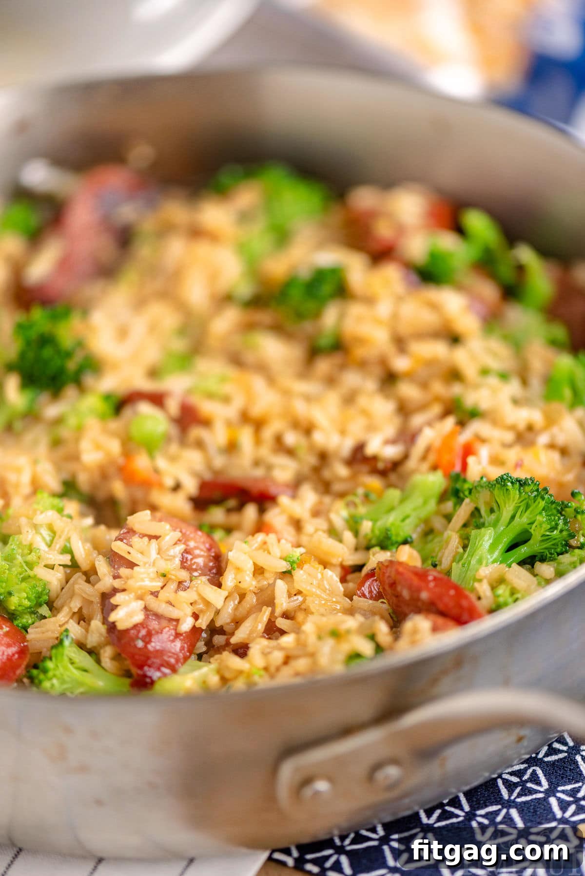 One-Skillet Cheesy Kielbasa and Broccoli Rice 4 Kielbasa skillet recipe prepared and ready to be enjoyed straight from the skillet.