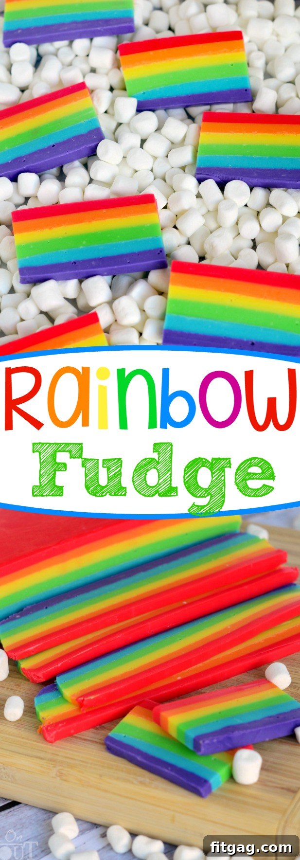 Vertical shot of rainbow fudge slices with marshmallow clouds.
