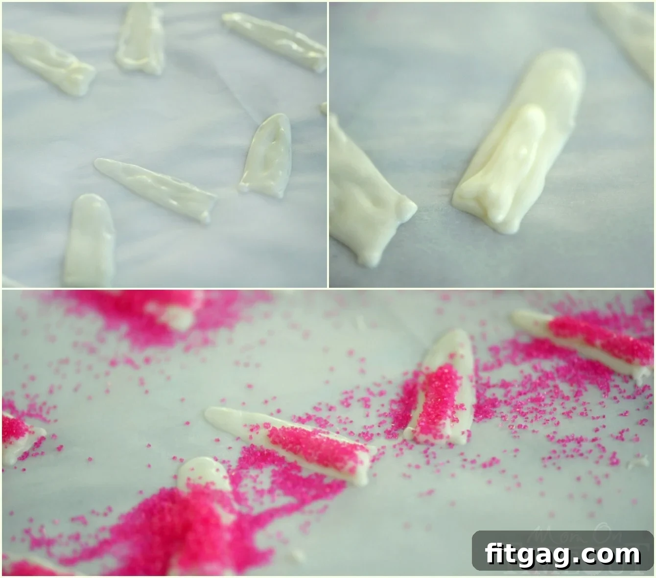 Reese's Easter Bunny Treats 2 Step-by-step images showing how to pipe candy coating ears and add pink sugar to them for Reese's Easter Bunnies.