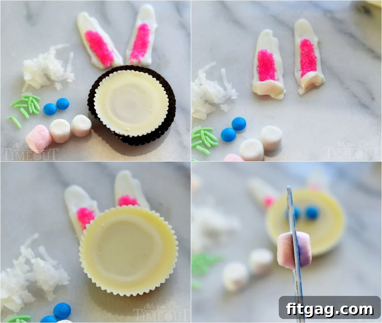 Reese's Easter Bunnies 3 Visual steps for assembling Reese's Easter Bunnies, showing how to attach ears to the peanut butter cup.