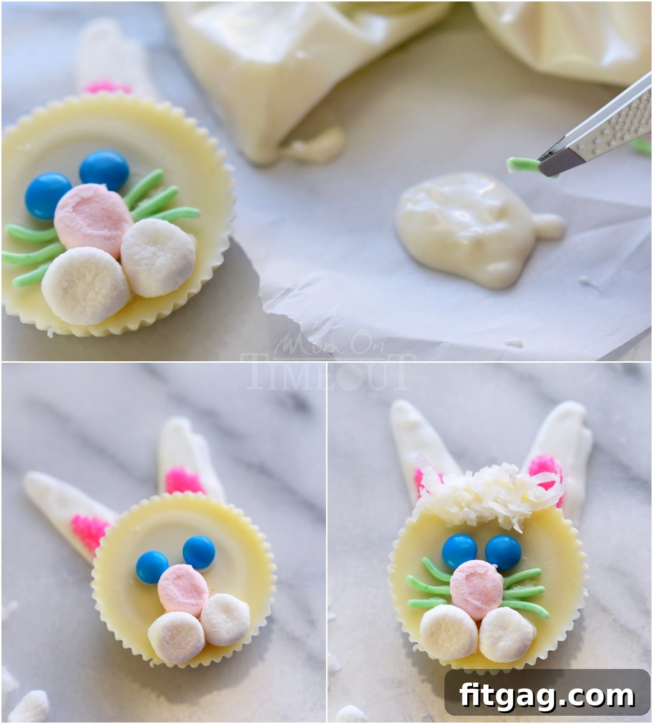 Reese's Easter Bunnies 4 Detailed image of the final steps for decorating Reese's Easter Bunnies with eyes, nose, whiskers, and coconut hair.