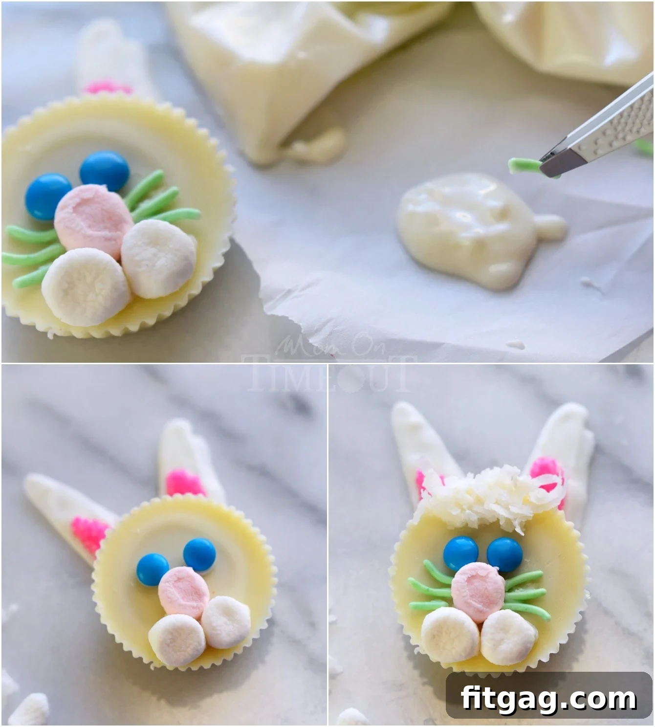 Reese's Easter Bunny Treats 4 Final assembly steps for Reese's Easter Bunnies, showing eyes, nose, and whiskers being added.