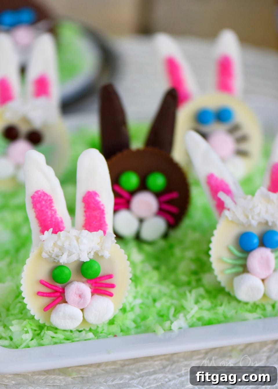 Reese's Easter Bunnies 6 Close-up of fully assembled Reese's Easter Bunnies standing on green coconut 'grass' with marshmallow supports.