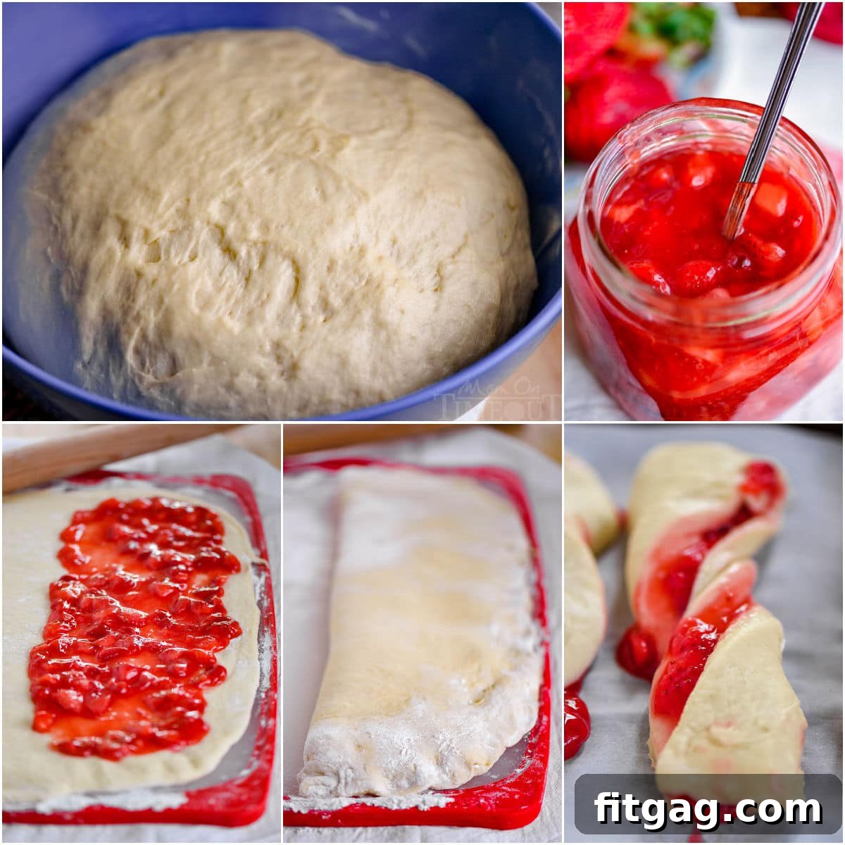 A collage of process shots demonstrating the steps to make strawberry twists, from rolling the dough to twisting and baking.