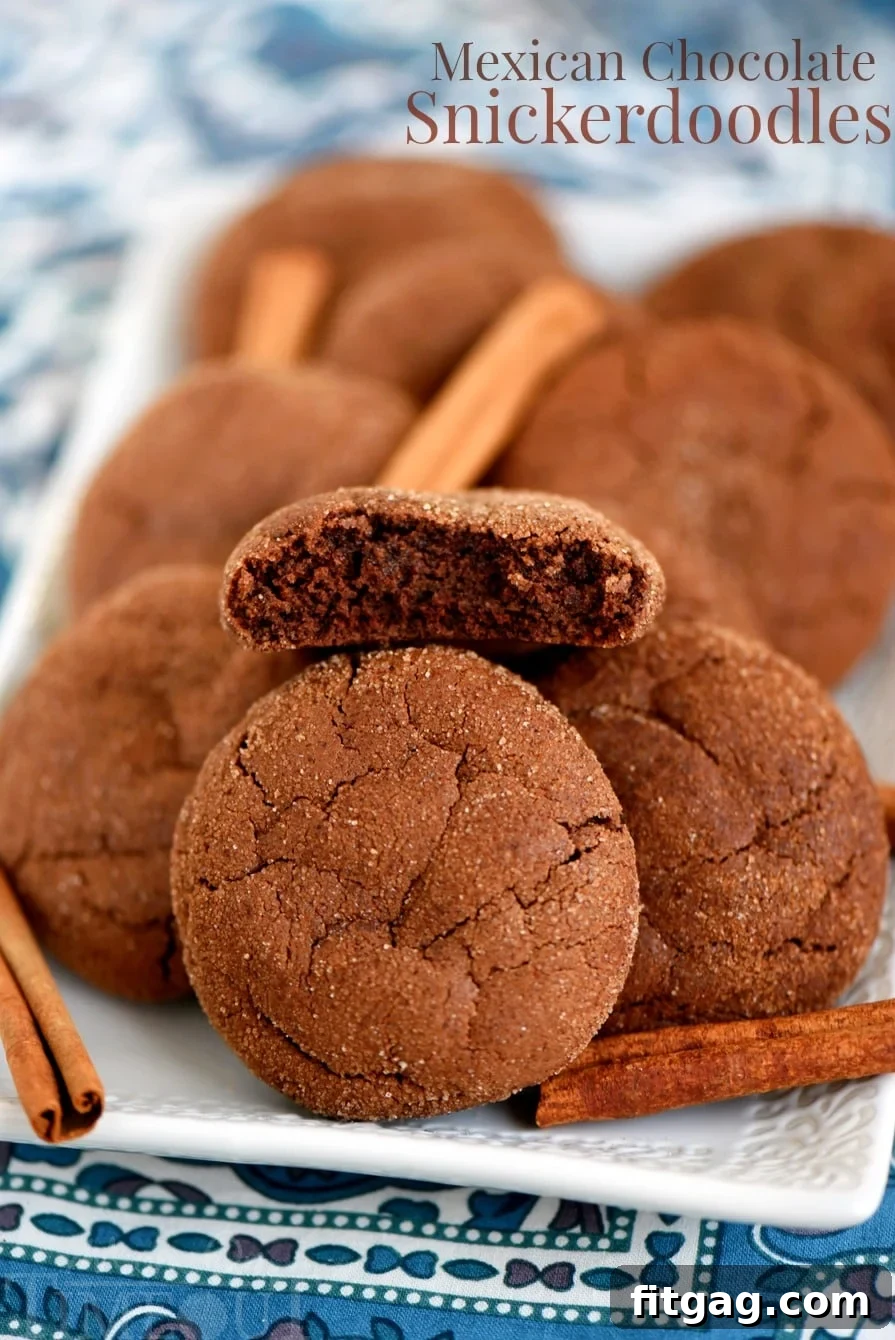 Delicious Mexican Chocolate Snickerdoodles dusted with cinnamon sugar, showcasing their rich chocolate color and inviting texture.