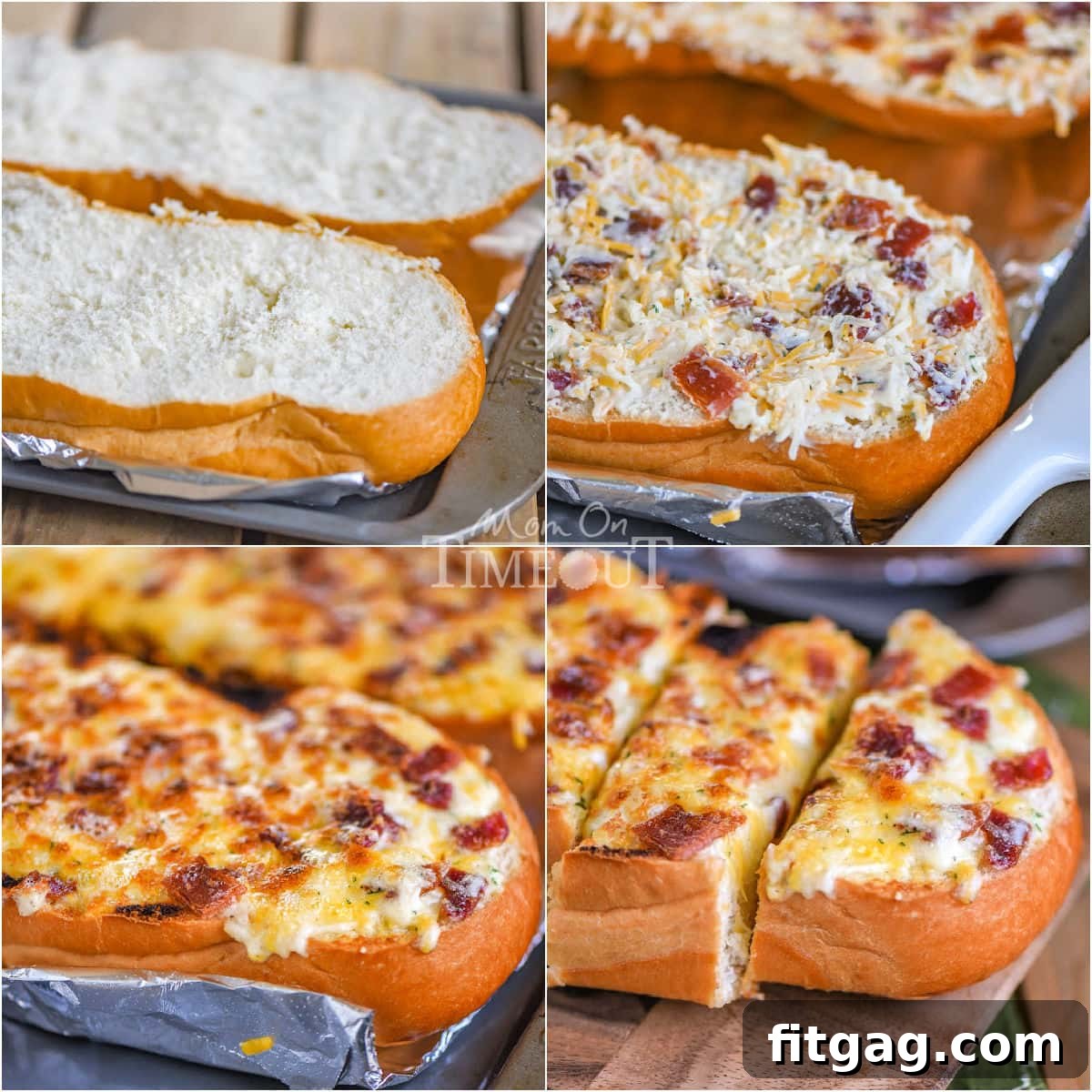 Four image collage showing how to prep, assemble and bake cheesy bread with bacon and ranch.