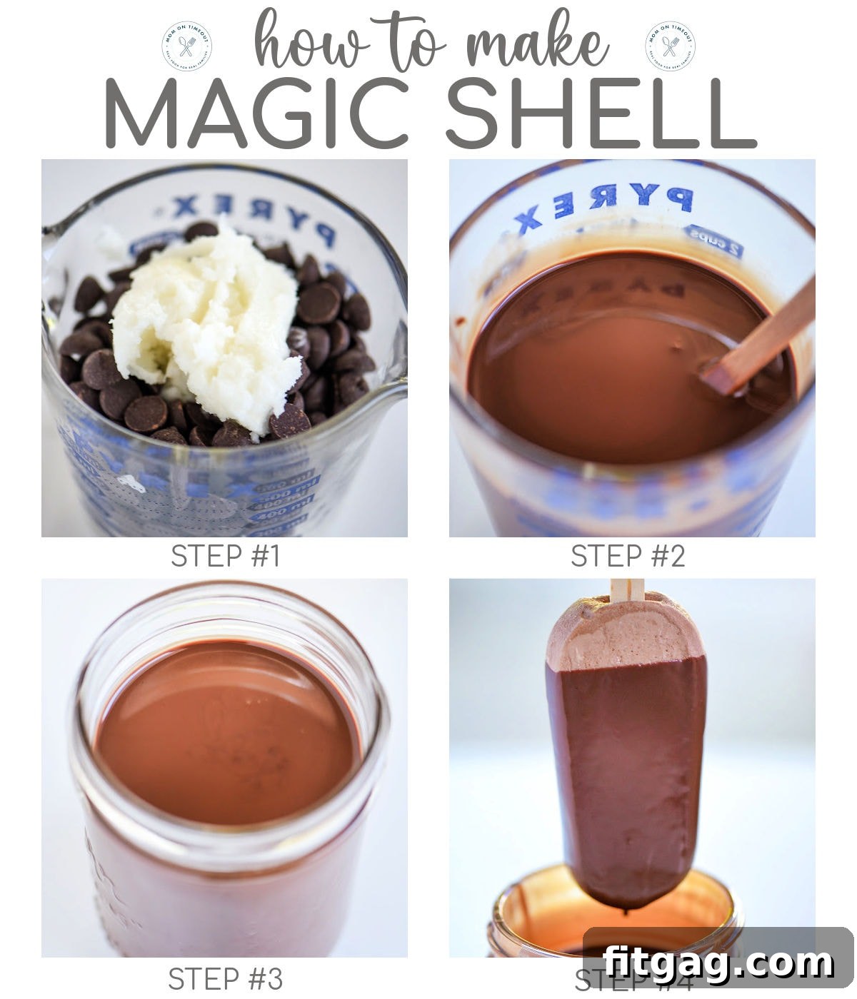 A four-image graphic illustrating the step-by-step process of making chocolate magic shell: combining ingredients, melting, stirring, and the final smooth result.