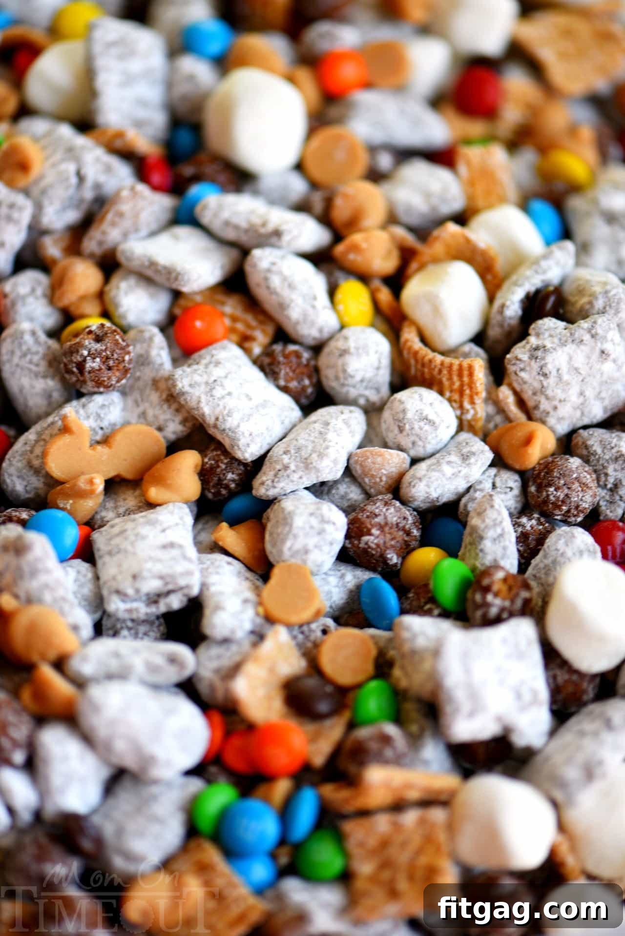 A close-up shot of Monster S'mores Muddy Buddies in a bowl, showing the intricate mix of ingredients.