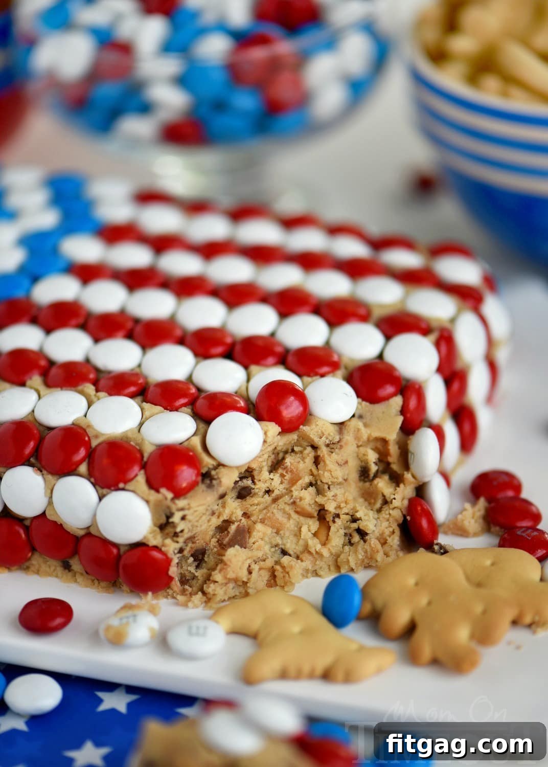 Party-Perfect Chocolate Chip Cookie Dough Dip 3 Celebrate with this outrageous Chocolate Chip Cookie Dough Flag Dip this 4th of July weekend! Edible chocolate chip cookie dough is loaded with toffee bits and peanut butter chips for the most delicious dip ever! Decorated in red, white, and blue, this easy dessert recipe is perfect for Memorial Day and Labor Day weekend as well!