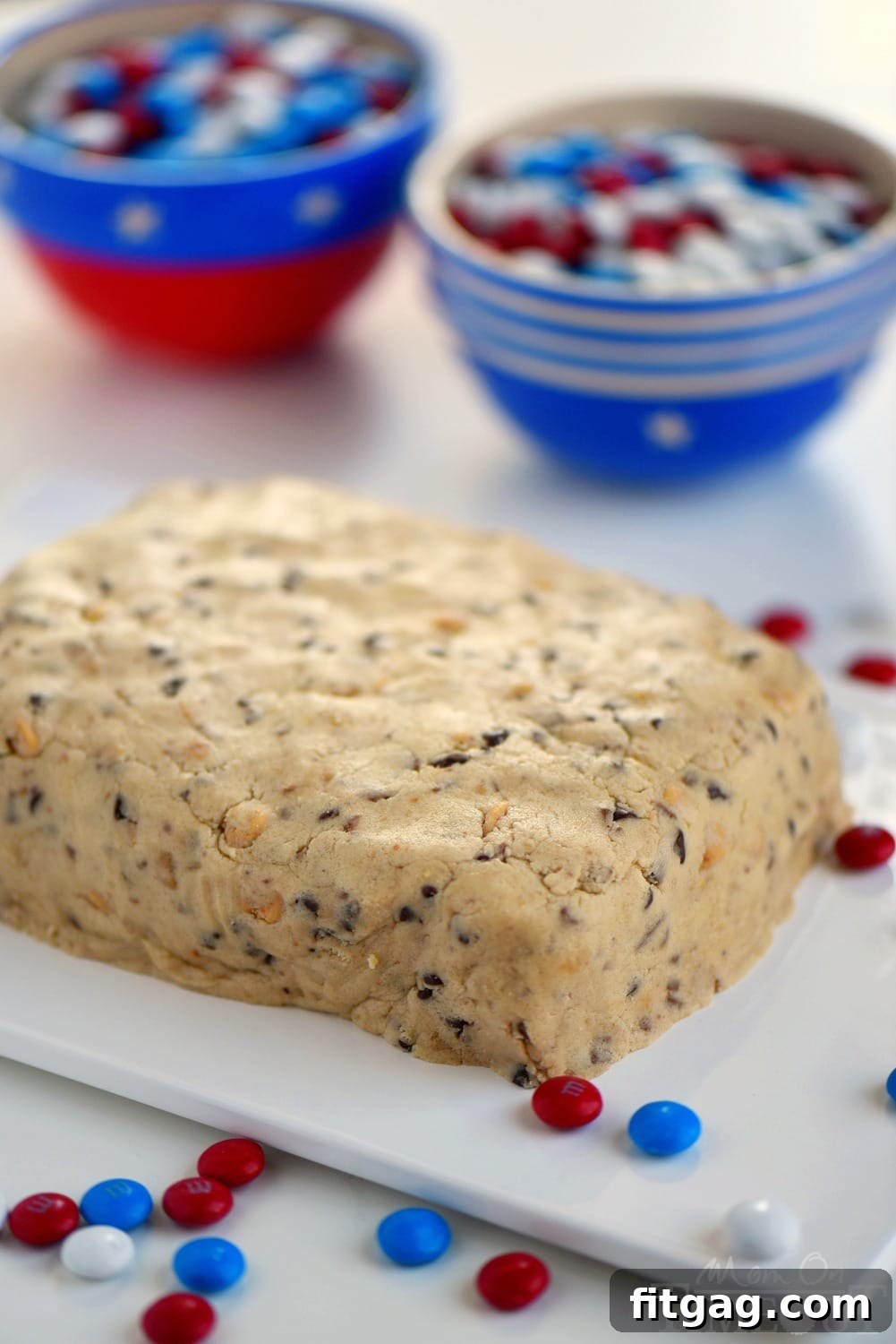 Party-Perfect Chocolate Chip Cookie Dough Dip 4 Celebrate with this outrageous Chocolate Chip Cookie Dough Flag Dip this 4th of July weekend! Edible chocolate chip cookie dough is loaded with toffee bits and peanut butter chips for the most delicious dip ever! Decorated in red, white, and blue, this easy dessert recipe is perfect for Memorial Day and Labor Day weekend as well!