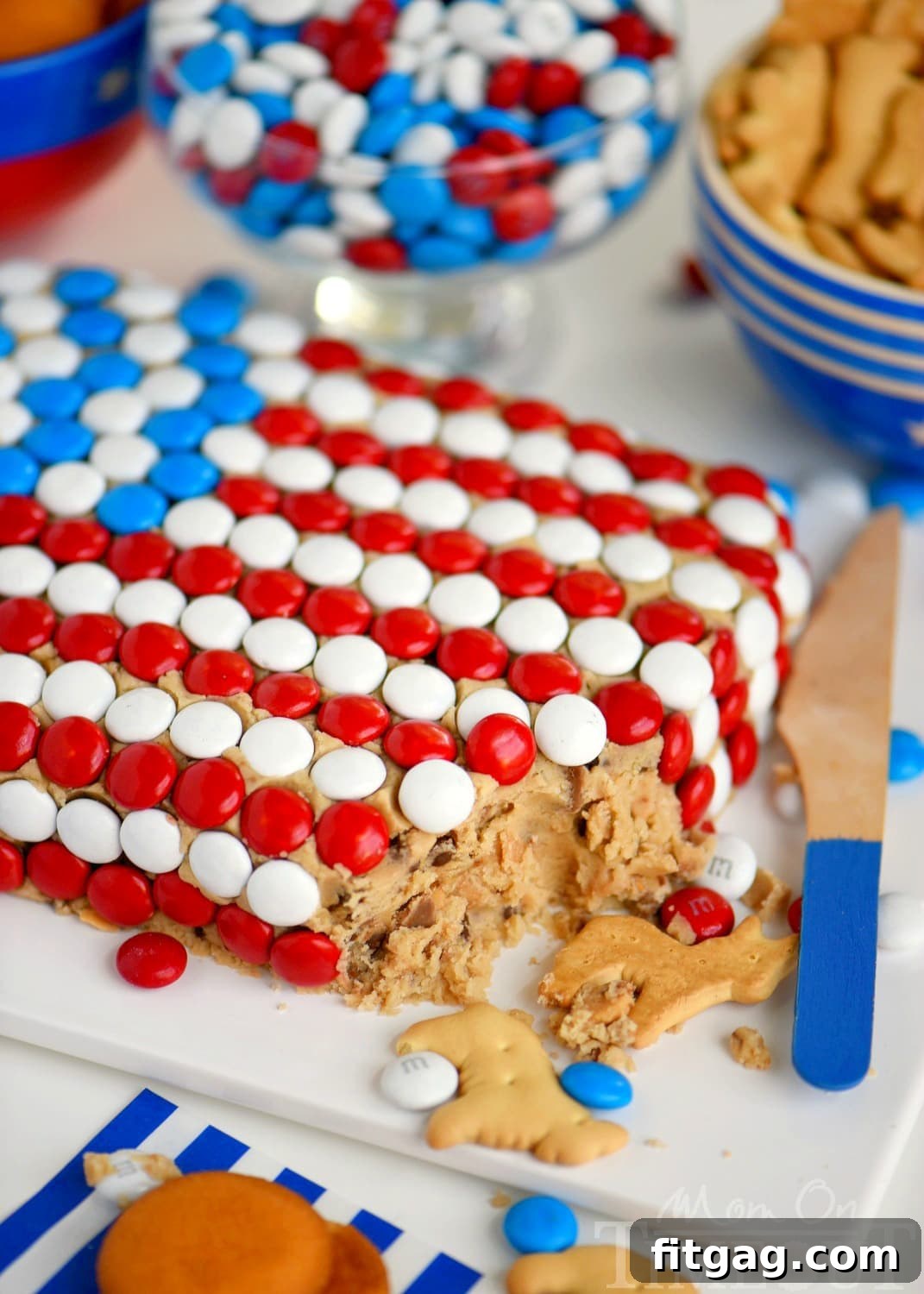 Party-Perfect Chocolate Chip Cookie Dough Dip 6 Celebrate with this outrageous Chocolate Chip Cookie Dough Flag Dip this 4th of July weekend! Edible chocolate chip cookie dough is loaded with toffee bits and peanut butter chips for the most delicious dip ever! Decorated in red, white, and blue, this easy dessert recipe is perfect for Memorial Day and Labor Day weekend as well!