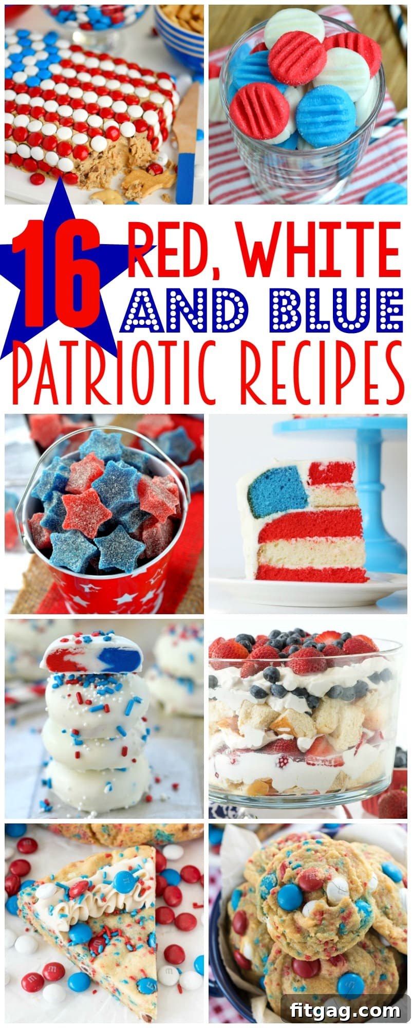 16 Star Spangled Red White and Blue Dishes 3 Another appealing collage of various patriotic desserts in red, white, and blue, including cakes, cookies, and parfaits, perfect for Fourth of July, Memorial Day, and Labor Day gatherings.