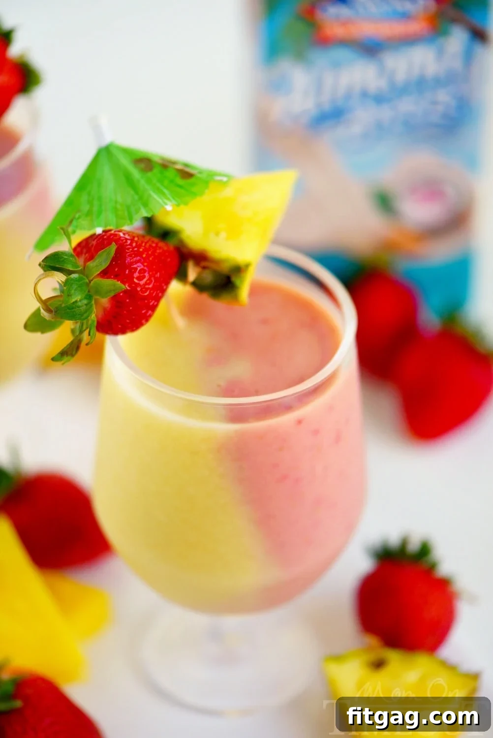 Close-up of a refreshing Skinny Miami Vice Shake, showcasing the vibrant colors and smooth texture, inviting a cooling sip.