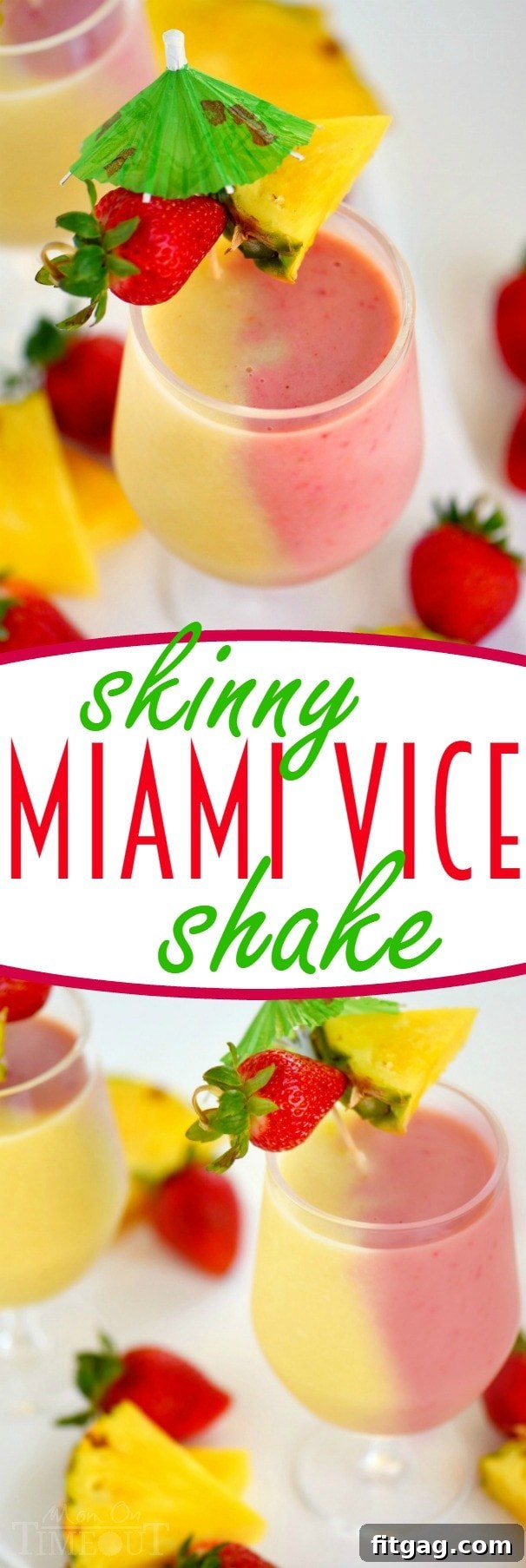 A collection of fresh tropical fruits including pineapple, strawberries, and a glass of Skinny Miami Vice Shake, ready for a refreshing summer treat.