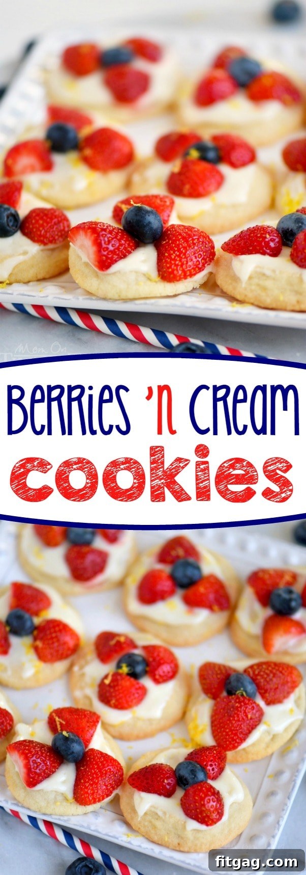 Vertical shot of Berries 'N Cream Cookies on a white platter, showcasing their fresh appeal.